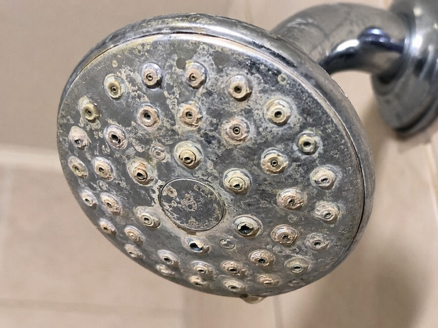 Clogged showerhead nozzles from years of hard water mineral buildup